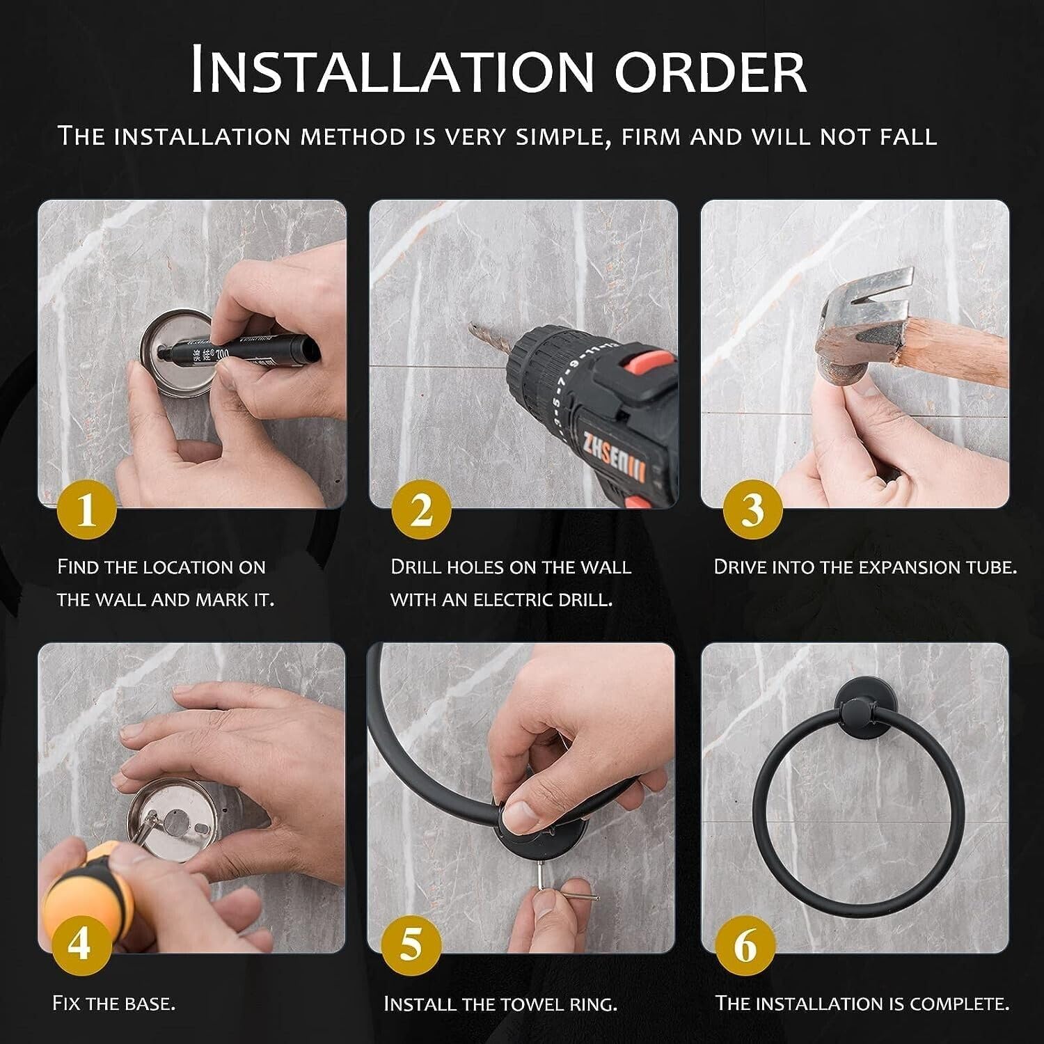 4PCS Bathroom Hardware Set 304 Stainless Steel Bathroom Accessories Set Including 2 Wall Mounted Stainless Steel Robe Hooks Toilet Paper Holder and Towel Ring (Black) - Image 7