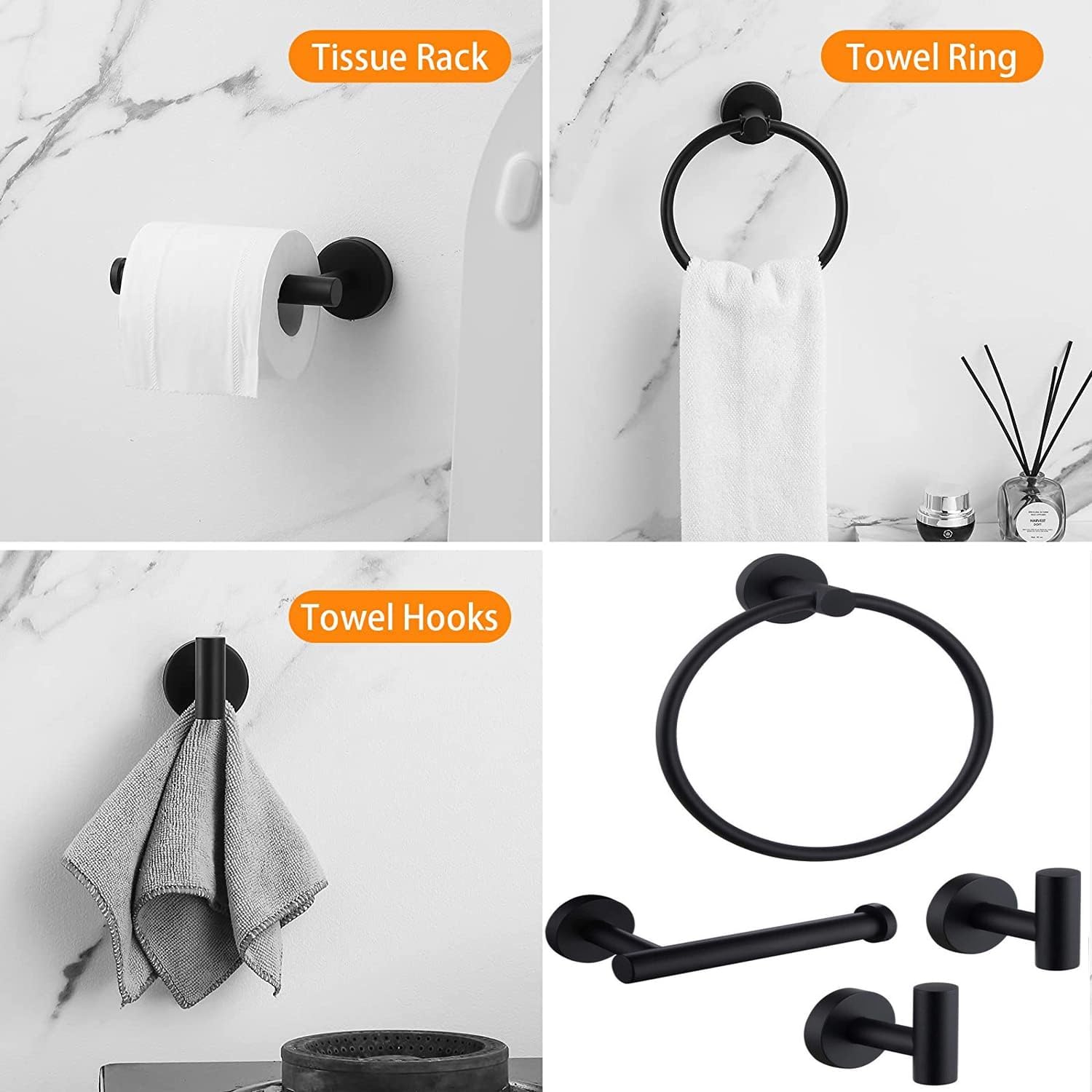 4PCS Bathroom Hardware Set 304 Stainless Steel Bathroom Accessories Set Including 2 Wall Mounted Stainless Steel Robe Hooks Toilet Paper Holder and Towel Ring (Black) - Image 8