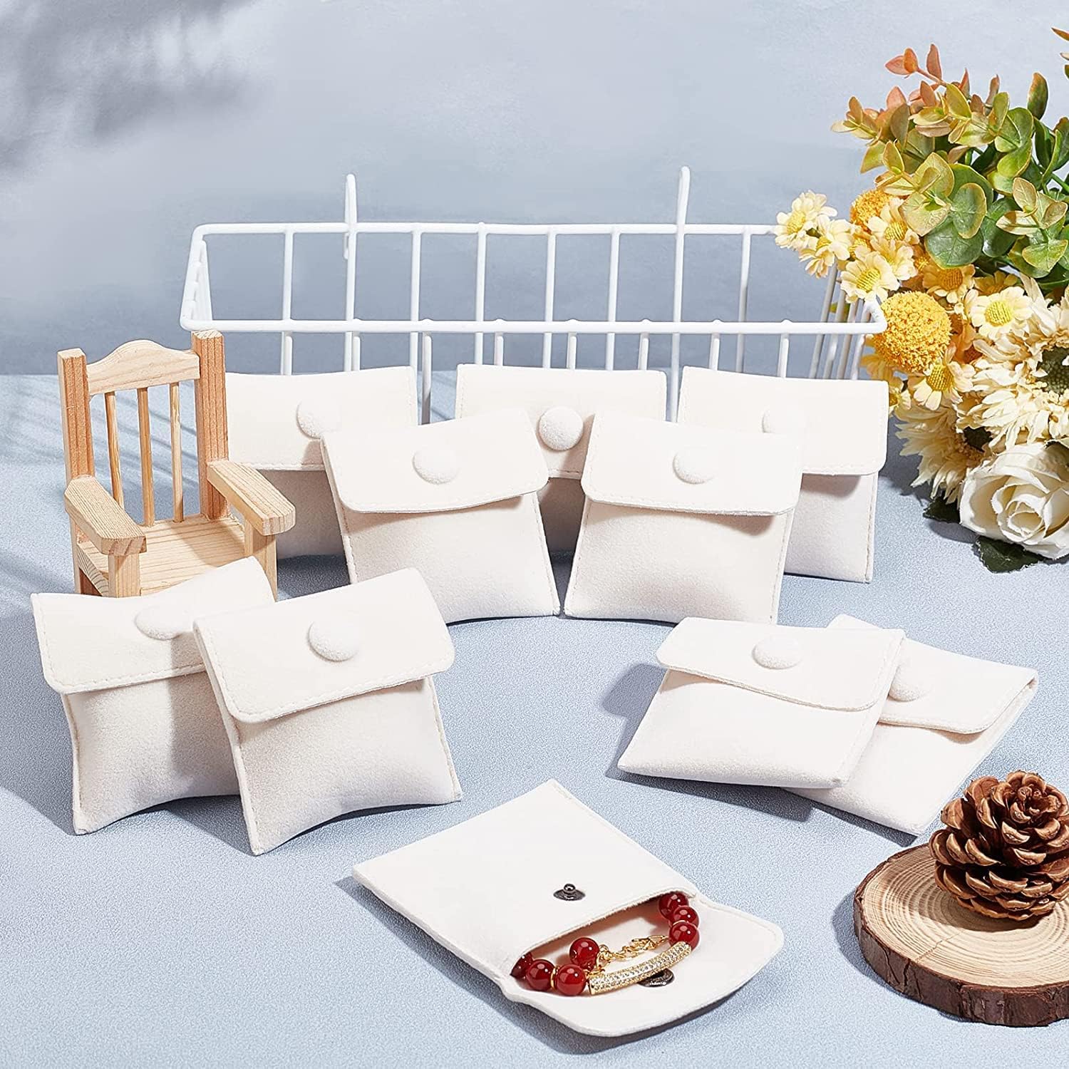 6 Pcs Velvet Jewelry Pouches with Snap Button, Off-White Velvet Jewelry Storage Bags Luxury Gift Bag for Candy Gift and Jewelry Necklace Bracelet Packing, 7x7cm - Image 4