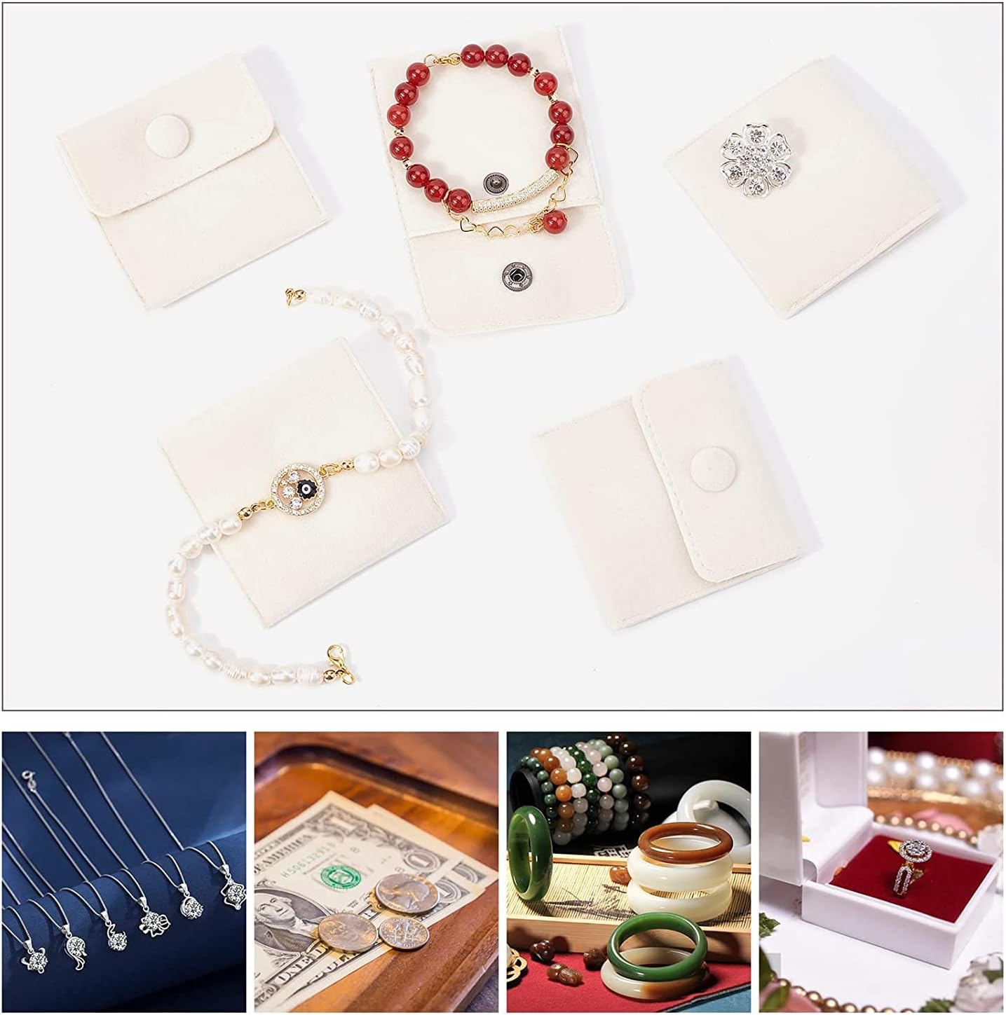 6 Pcs Velvet Jewelry Pouches with Snap Button, Off-White Velvet Jewelry Storage Bags Luxury Gift Bag for Candy Gift and Jewelry Necklace Bracelet Packing, 7x7cm - Image 5