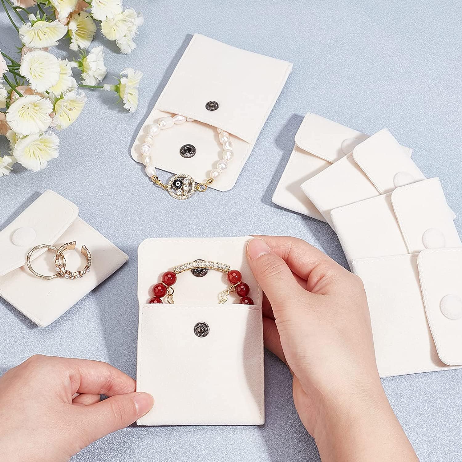 6 Pcs Velvet Jewelry Pouches with Snap Button, Off-White Velvet Jewelry Storage Bags Luxury Gift Bag for Candy Gift and Jewelry Necklace Bracelet Packing, 7x7cm - Image 6
