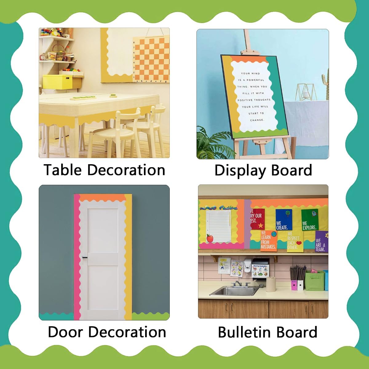 Bulletin Board Borders Set - 6 Rolls 196.8 Ft Bright Bulletin Board Decorations for Office, School Classroom Decor, Teachers & Home DIY - Posters & Birthday Parties - Board Trim - Image 6