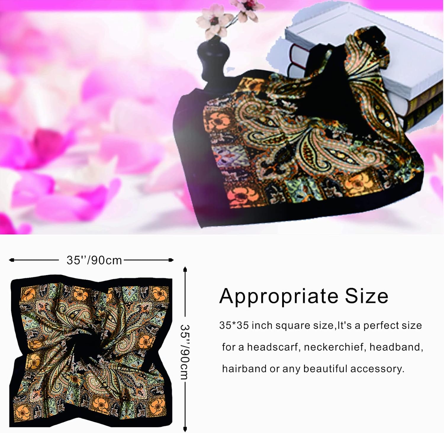 35 x 35 Women's Fashion Pattern Large Square Silk Like Hair Scarf Head Sleeping Wrap Satin Neck Bandana for Gift… - Image 5