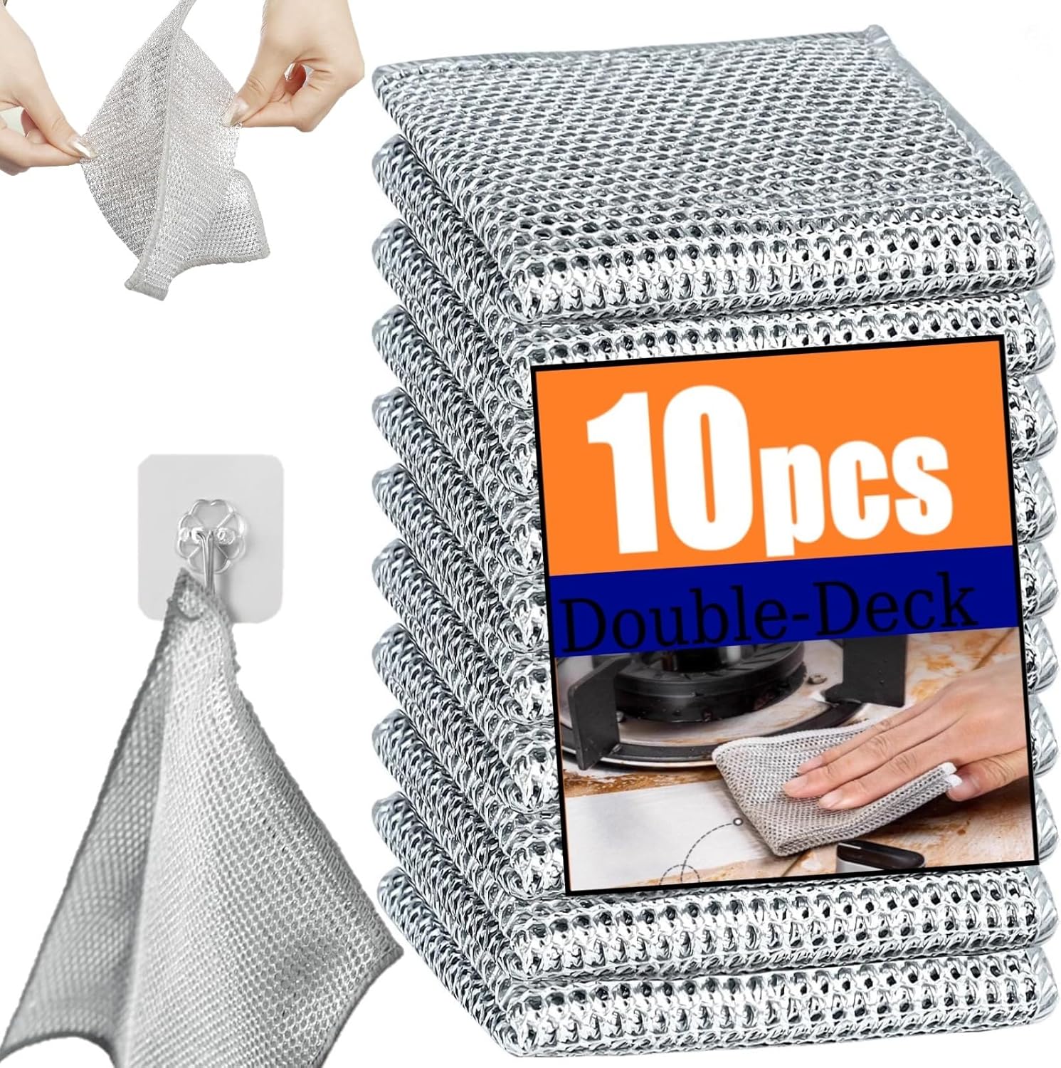 Wire Mesh Cleaning Cloth,Non Scratch Wire Dishcloth,Wire Dishwashing Rags,Multipurpose Metal Miracle Washing Rag,Reusable Steel Wool Scrubber for Kitchen Cleaning(10pcs)Suitable for Dishes,Pots, Dish - Image 1