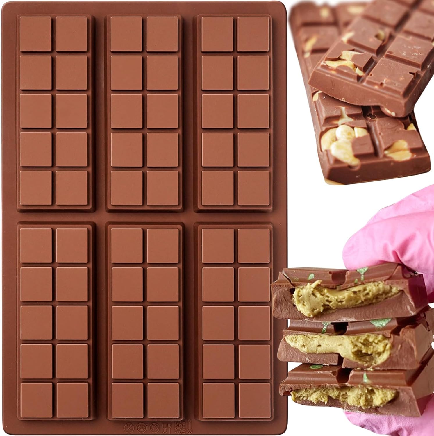 Chocolate Bar Molds, Silicone Snap Bars Making Set, Break Apart Wax Melt Mould, Easy Release Soy Candle Molds Rectangle Durable Non-Stick for Protein and Energy Soap Home DIY Handmade Gifts - Image 1
