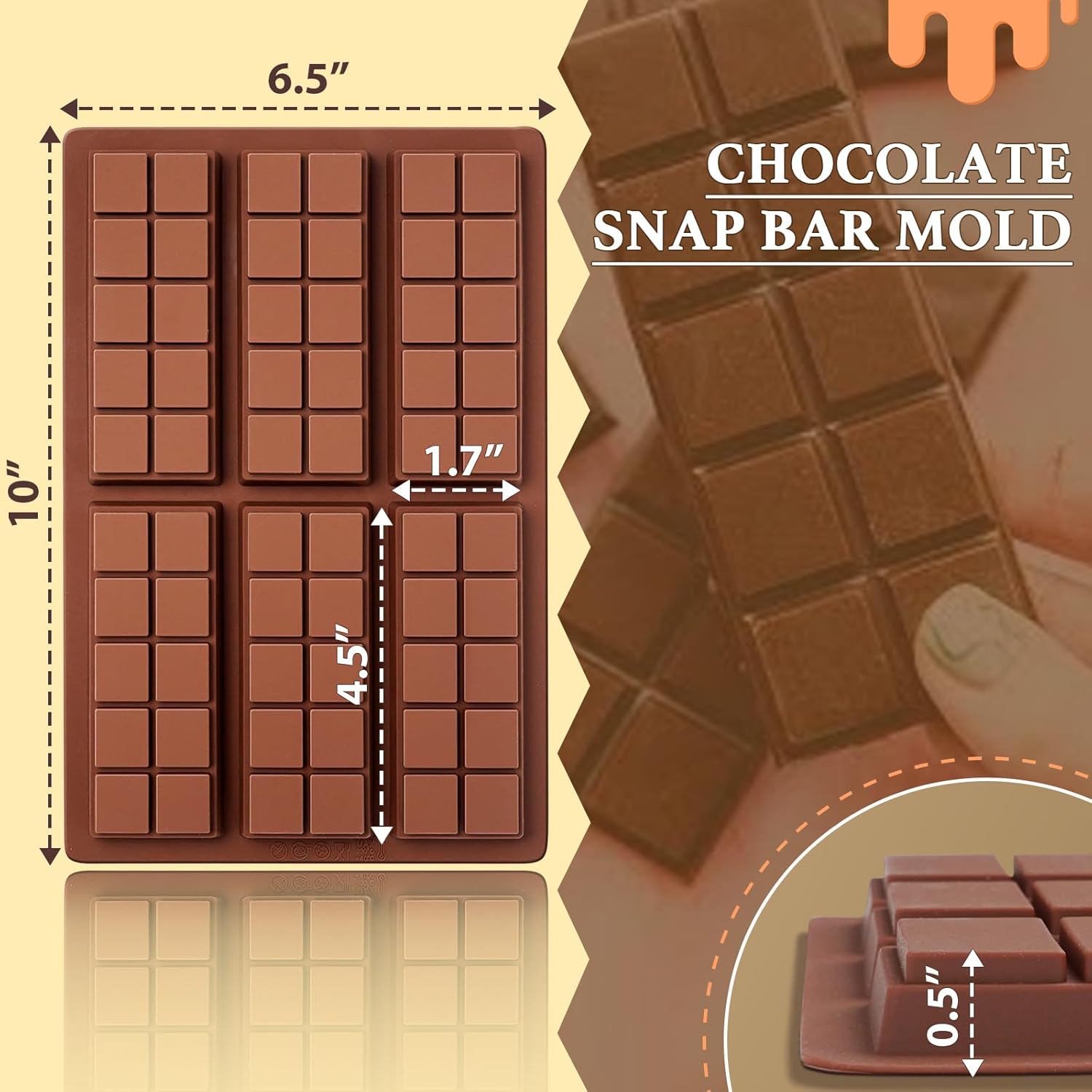 Chocolate Bar Molds, Silicone Snap Bars Making Set, Break Apart Wax Melt Mould, Easy Release Soy Candle Molds Rectangle Durable Non-Stick for Protein and Energy Soap Home DIY Handmade Gifts - Image 3