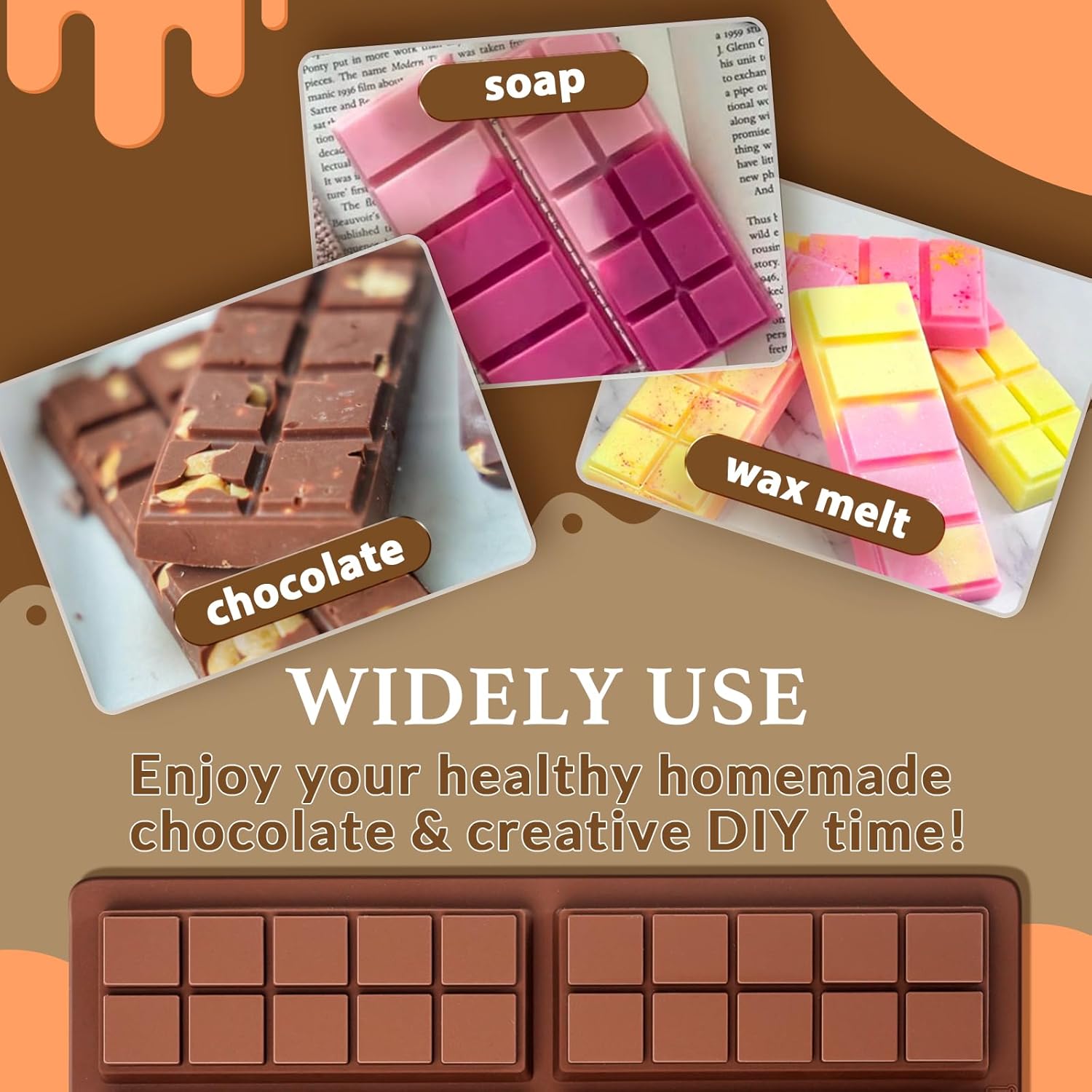 Chocolate Bar Molds, Silicone Snap Bars Making Set, Break Apart Wax Melt Mould, Easy Release Soy Candle Molds Rectangle Durable Non-Stick for Protein and Energy Soap Home DIY Handmade Gifts - Image 5