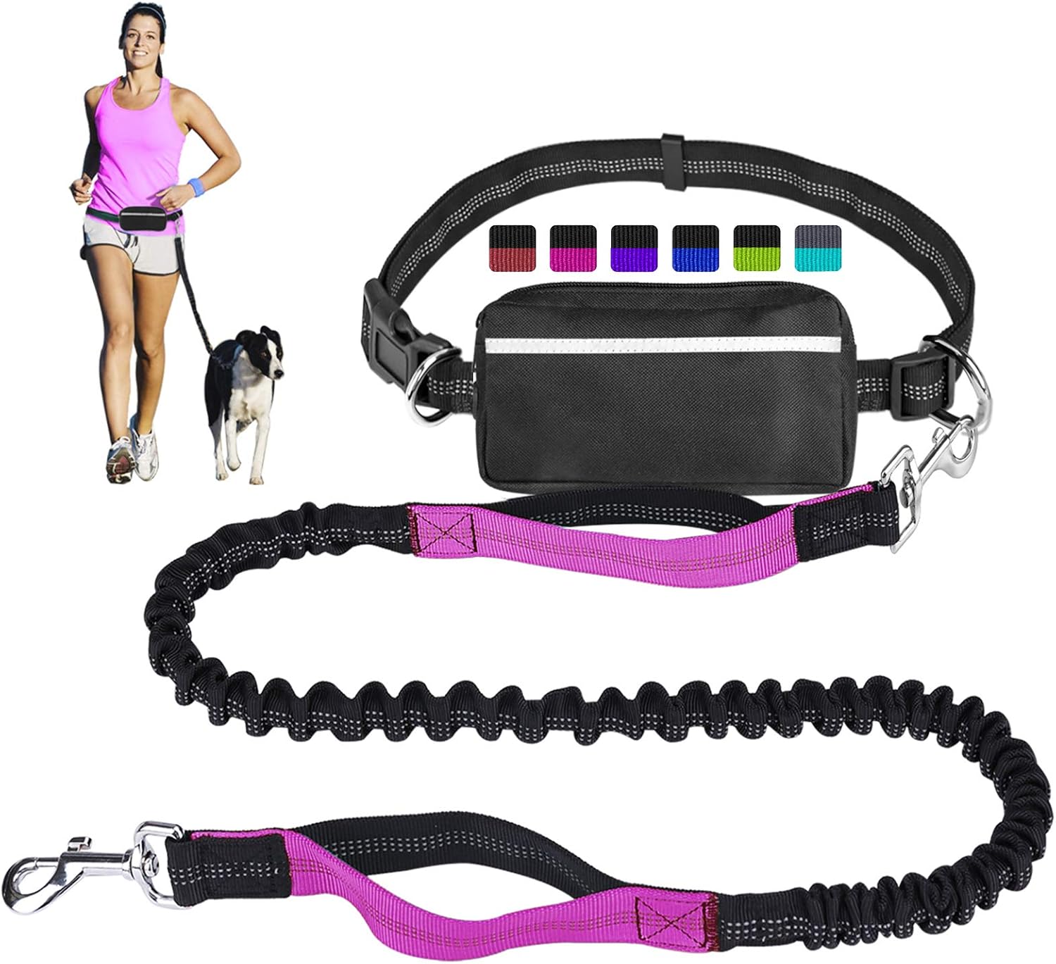 Hands Free Dog Leash for Running Walking Training Hiking, Dual-Handle Reflective Bungee, Poop Bag Dispenser Pouch, Adjustable Waist Belt, Shock Absorbing, Ideal for Medium to Large Dogs (Black W Pink) - Image 1