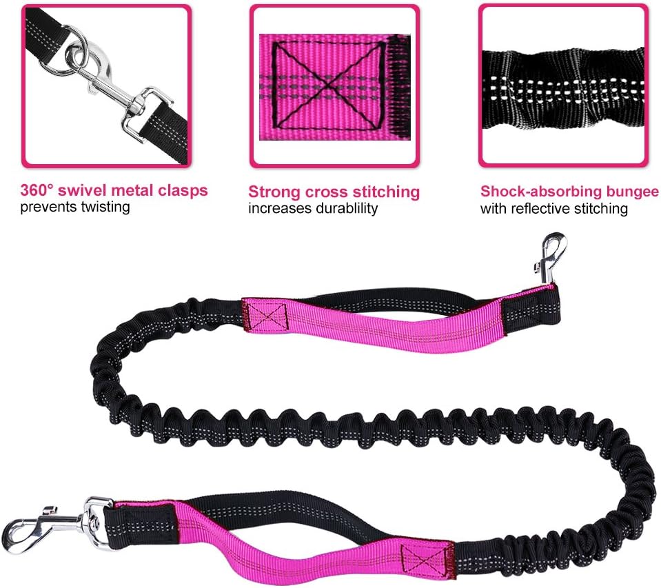 Hands Free Dog Leash for Running Walking Training Hiking, Dual-Handle Reflective Bungee, Poop Bag Dispenser Pouch, Adjustable Waist Belt, Shock Absorbing, Ideal for Medium to Large Dogs (Black W Pink) - Image 2
