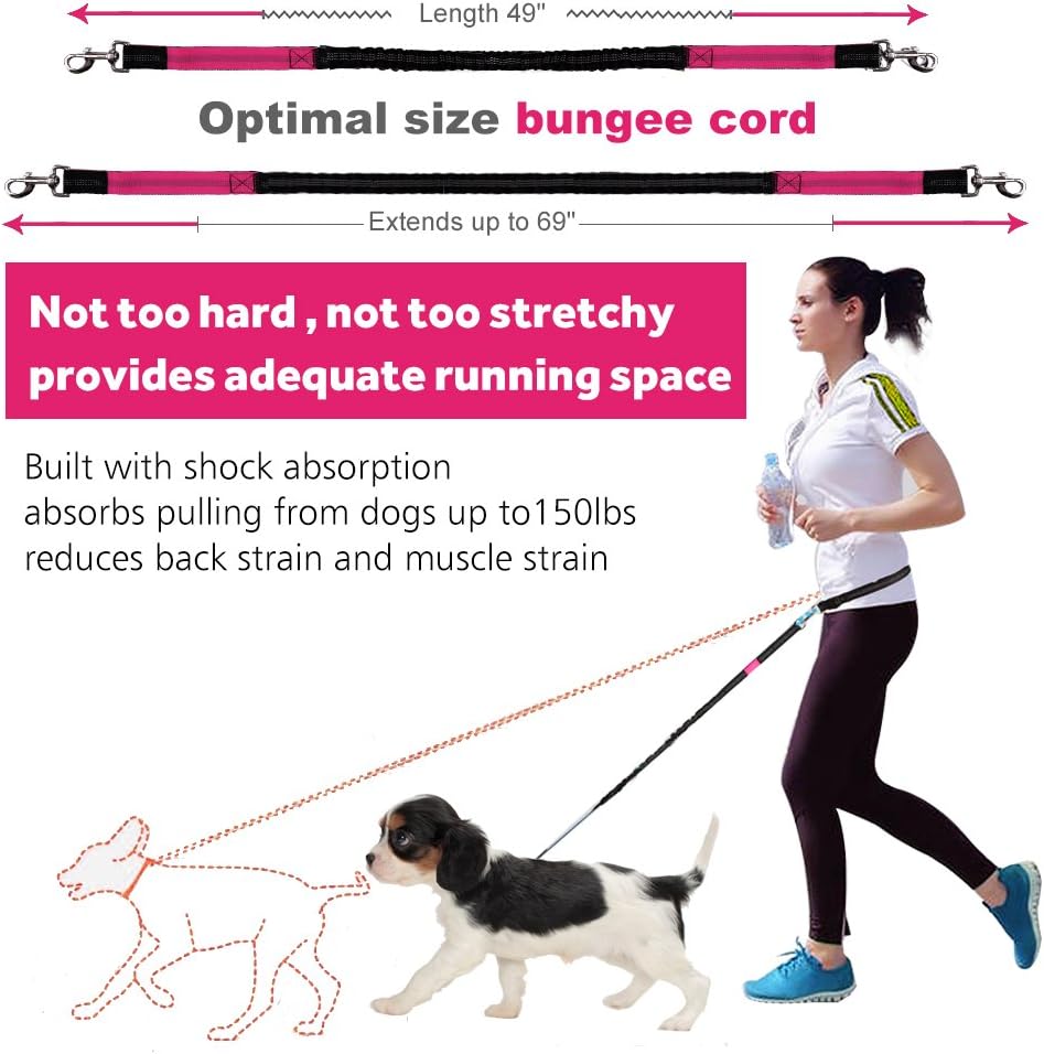 Hands Free Dog Leash for Running Walking Training Hiking, Dual-Handle Reflective Bungee, Poop Bag Dispenser Pouch, Adjustable Waist Belt, Shock Absorbing, Ideal for Medium to Large Dogs (Black W Pink) - Image 3