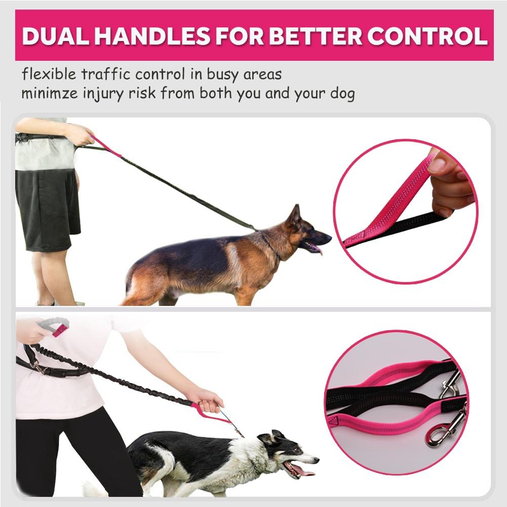 Hands Free Dog Leash for Running Walking Training Hiking, Dual-Handle Reflective Bungee, Poop Bag Dispenser Pouch, Adjustable Waist Belt, Shock Absorbing, Ideal for Medium to Large Dogs (Black W Pink) - Image 4