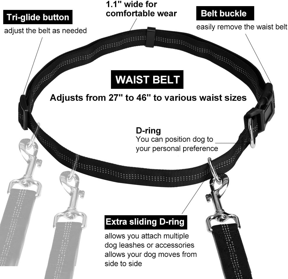 Hands Free Dog Leash for Running Walking Training Hiking, Dual-Handle Reflective Bungee, Poop Bag Dispenser Pouch, Adjustable Waist Belt, Shock Absorbing, Ideal for Medium to Large Dogs (Black W Pink) - Image 5