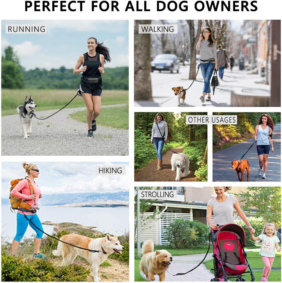 Hands Free Dog Leash for Running Walking Training Hiking, Dual-Handle Reflective Bungee, Poop Bag Dispenser Pouch, Adjustable Waist Belt, Shock Absorbing, Ideal for Medium to Large Dogs (Black W Pink) - Image 7