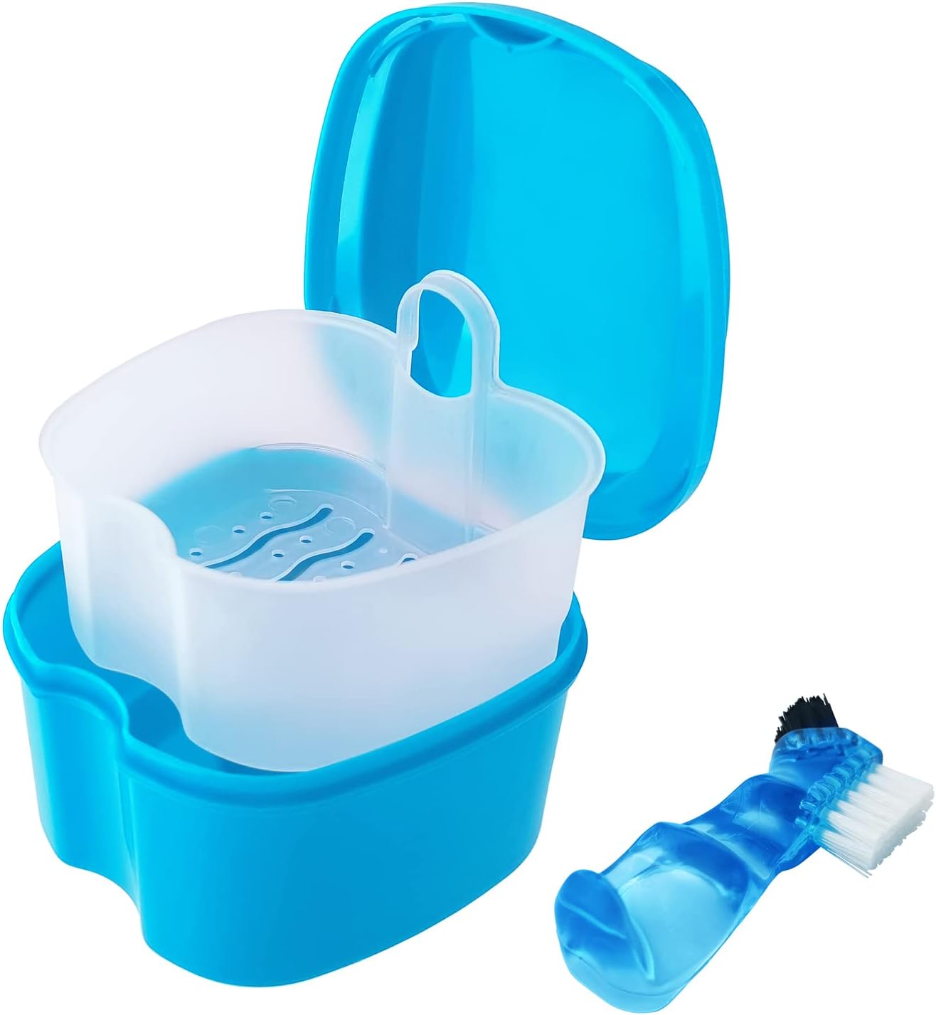 Denture Cup Orthodontic Retainer Case, Denture Bath Box Dental Mouthguard Case Cleaning with Brush, Strainer Basket and Lid Waterproof - Blue - Image 1