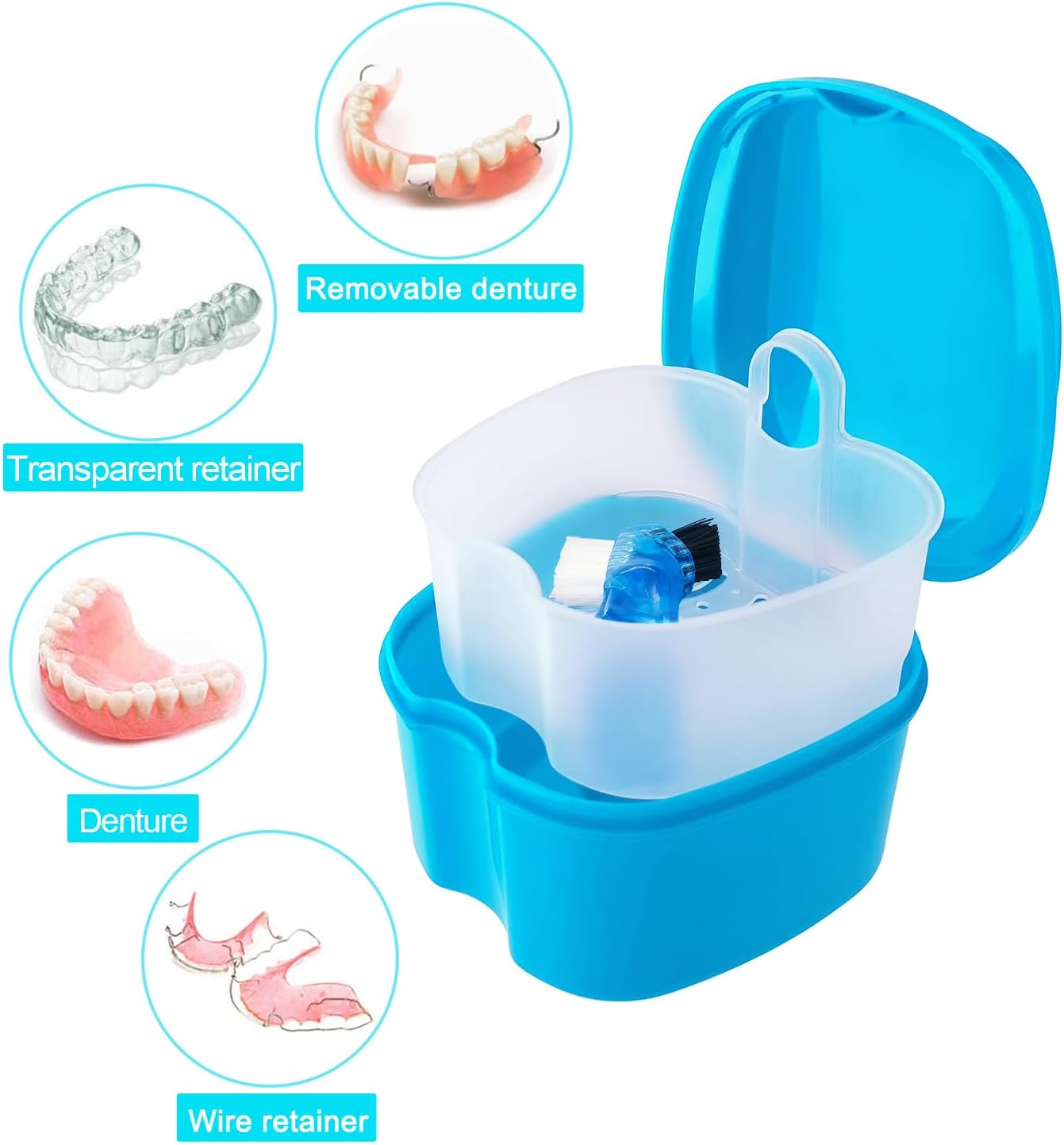 Denture Cup Orthodontic Retainer Case, Denture Bath Box Dental Mouthguard Case Cleaning with Brush, Strainer Basket and Lid Waterproof - Blue - Image 2