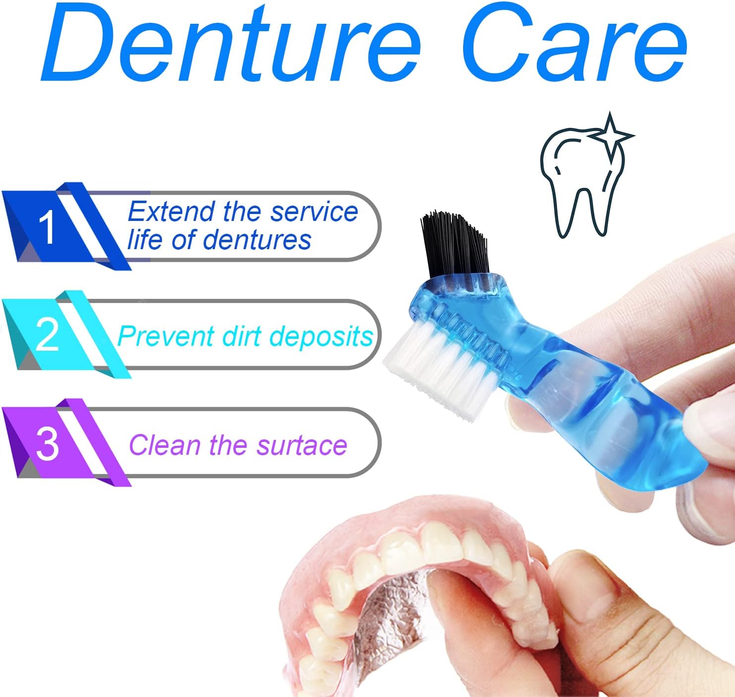 Denture Cup Orthodontic Retainer Case, Denture Bath Box Dental Mouthguard Case Cleaning with Brush, Strainer Basket and Lid Waterproof - Blue - Image 3