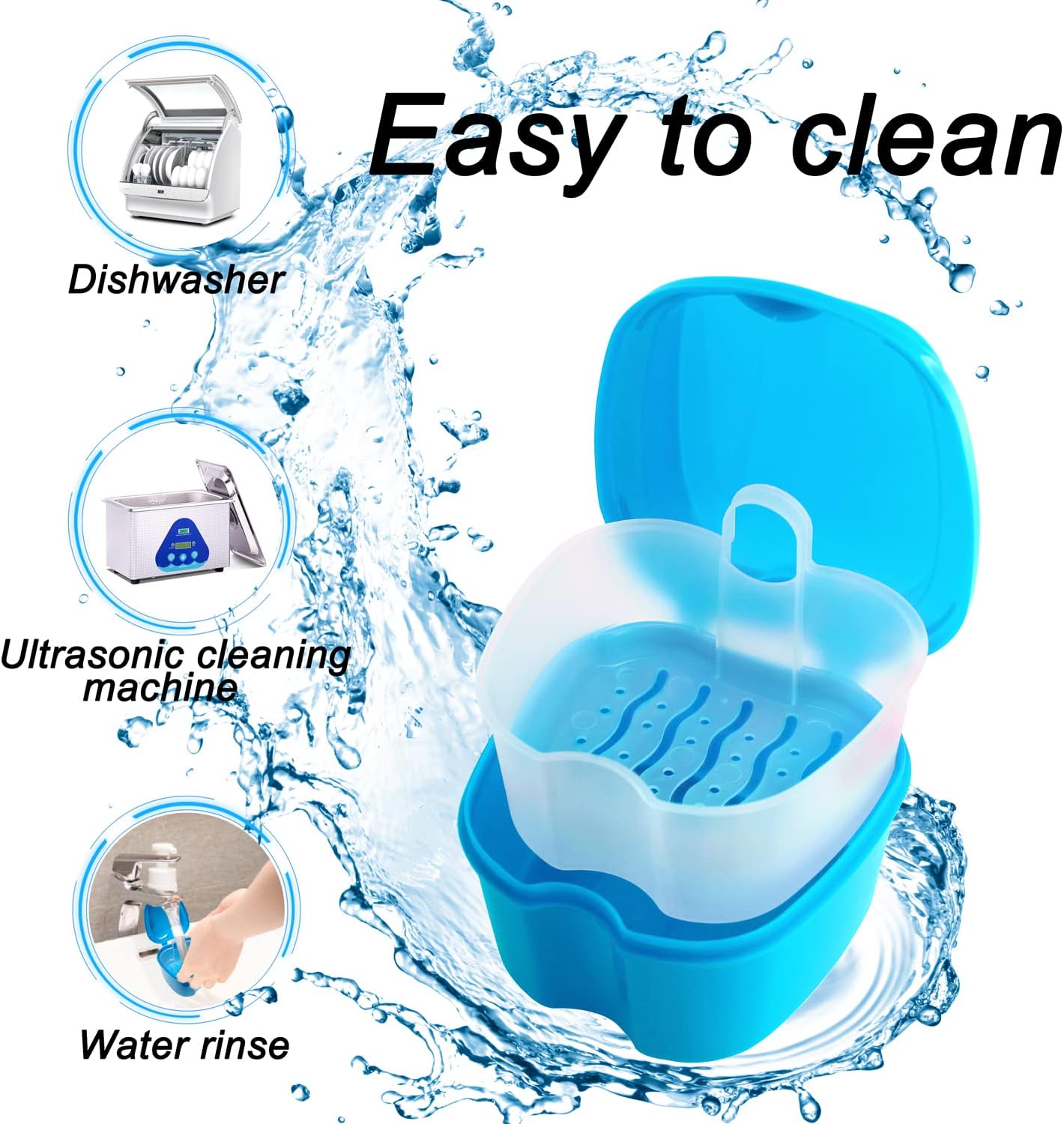 Denture Cup Orthodontic Retainer Case, Denture Bath Box Dental Mouthguard Case Cleaning with Brush, Strainer Basket and Lid Waterproof - Blue - Image 7