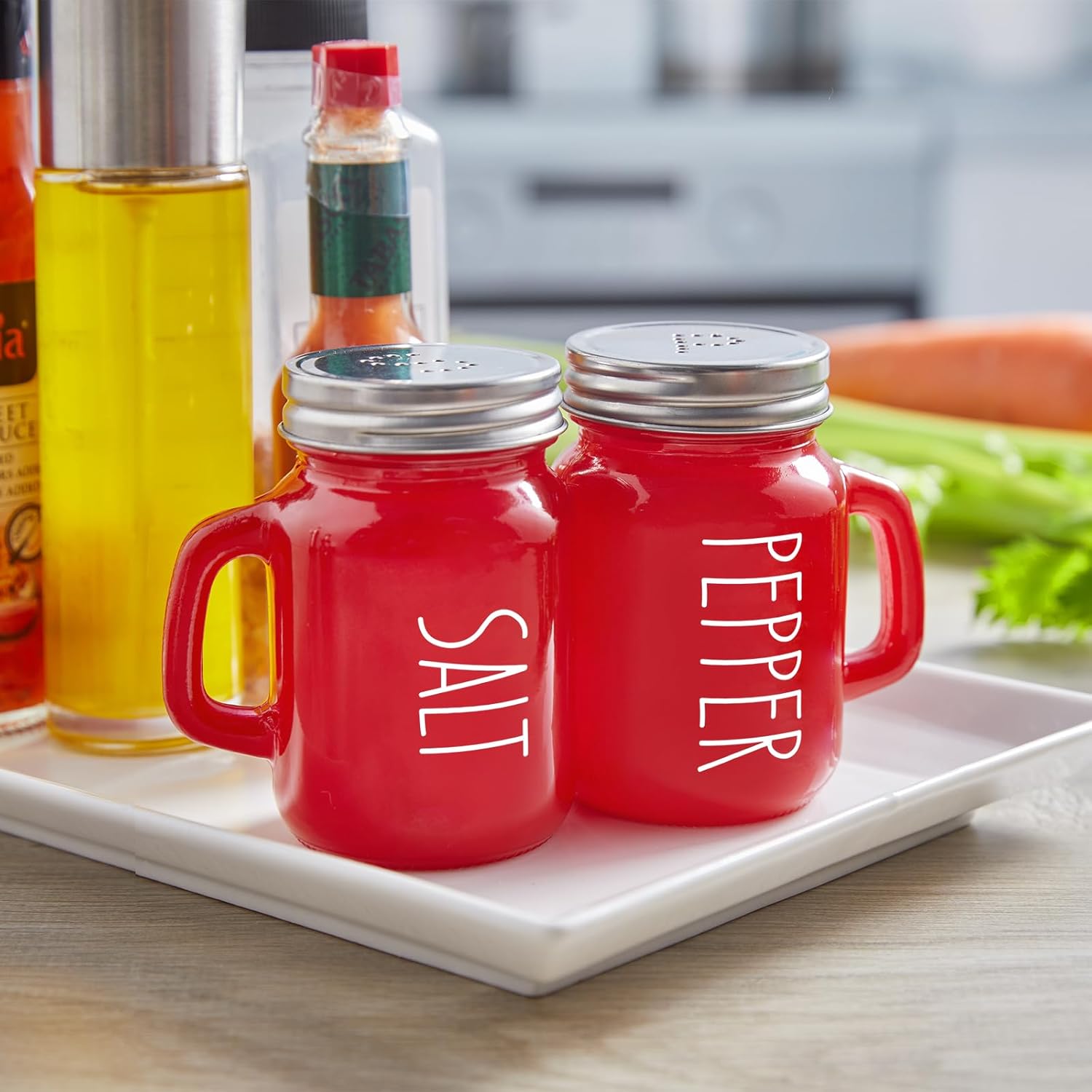 Red Salt and Pepper Shakers Set,  4 oz Cute Modern Glass Christmas Red Shaker Sets with Stainless Steel Lids, Red Kitchen Decor and Accessories for Home Restaurants Weddings - Image 2