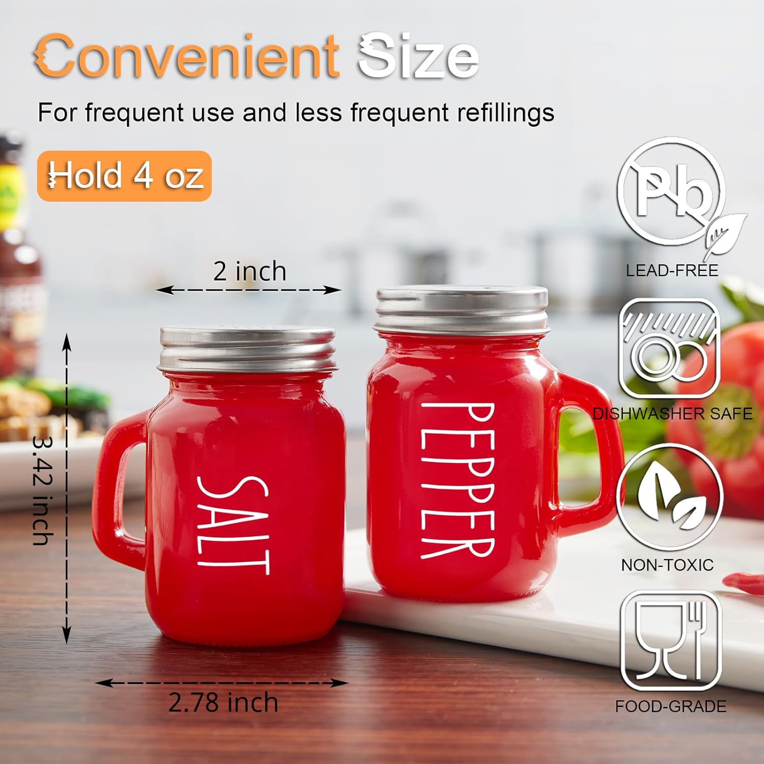 Red Salt and Pepper Shakers Set,  4 oz Cute Modern Glass Christmas Red Shaker Sets with Stainless Steel Lids, Red Kitchen Decor and Accessories for Home Restaurants Weddings - Image 3