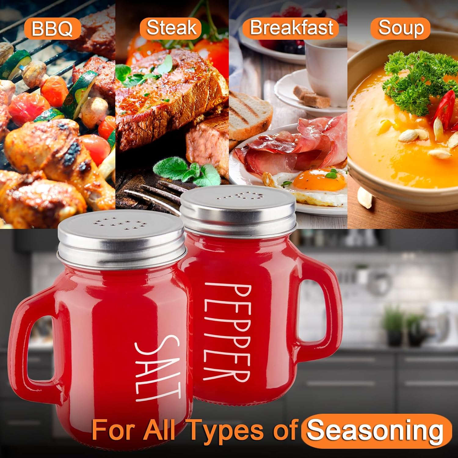 Red Salt and Pepper Shakers Set,  4 oz Cute Modern Glass Christmas Red Shaker Sets with Stainless Steel Lids, Red Kitchen Decor and Accessories for Home Restaurants Weddings - Image 5