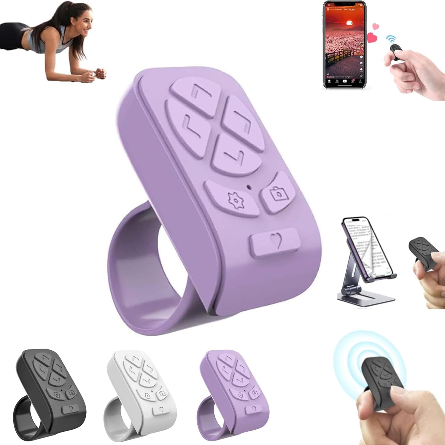 for TIK-Tok Remote Control Ring,Wireless Page Turner,Bluetooth Remote Control Ring Finger Scroller,Finger Clicker for Phone Scrolling, for Videos,Photos,Novels (Purple) - Image 1