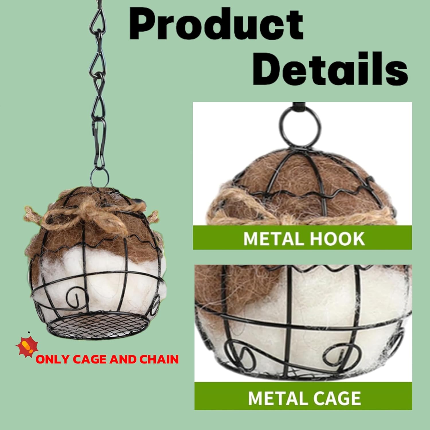 Outdoor Bird Nesting Ball,Metal Hanging Bird Cage,Outdoor Grid Bird Feeder,Garden Patio Nesting Ball,Design for Bird Lover Gifts,Bird Watching Gifts,Garden Ornament (Black, Large) - Image 3