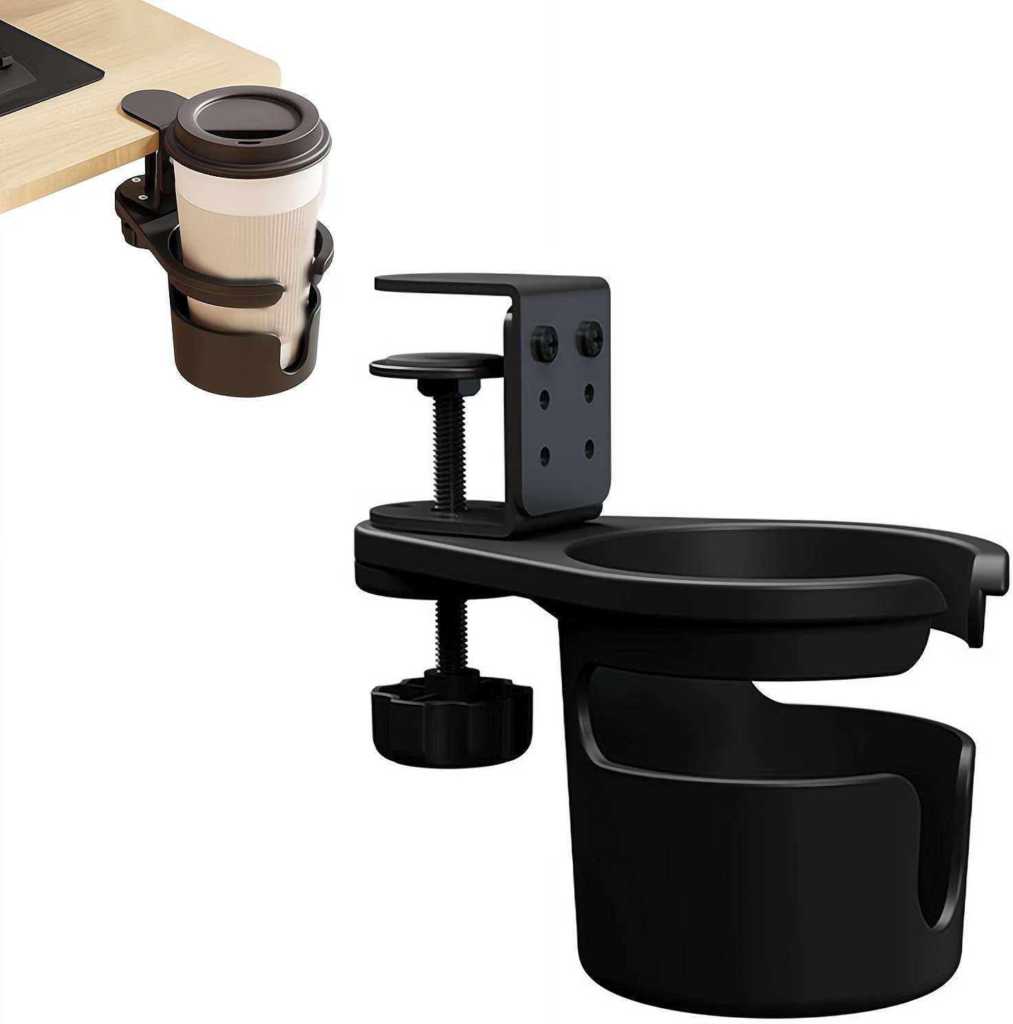 Desk Cup Holder, Anti-Spill Cup Holder for Desk, 180° Rotating Under Table Cup Holder, Desk Side Drinking Cup Holder, Coffee Mug Storage for Home Office Desk Gaming Desk Accessories (Black) - Image 1