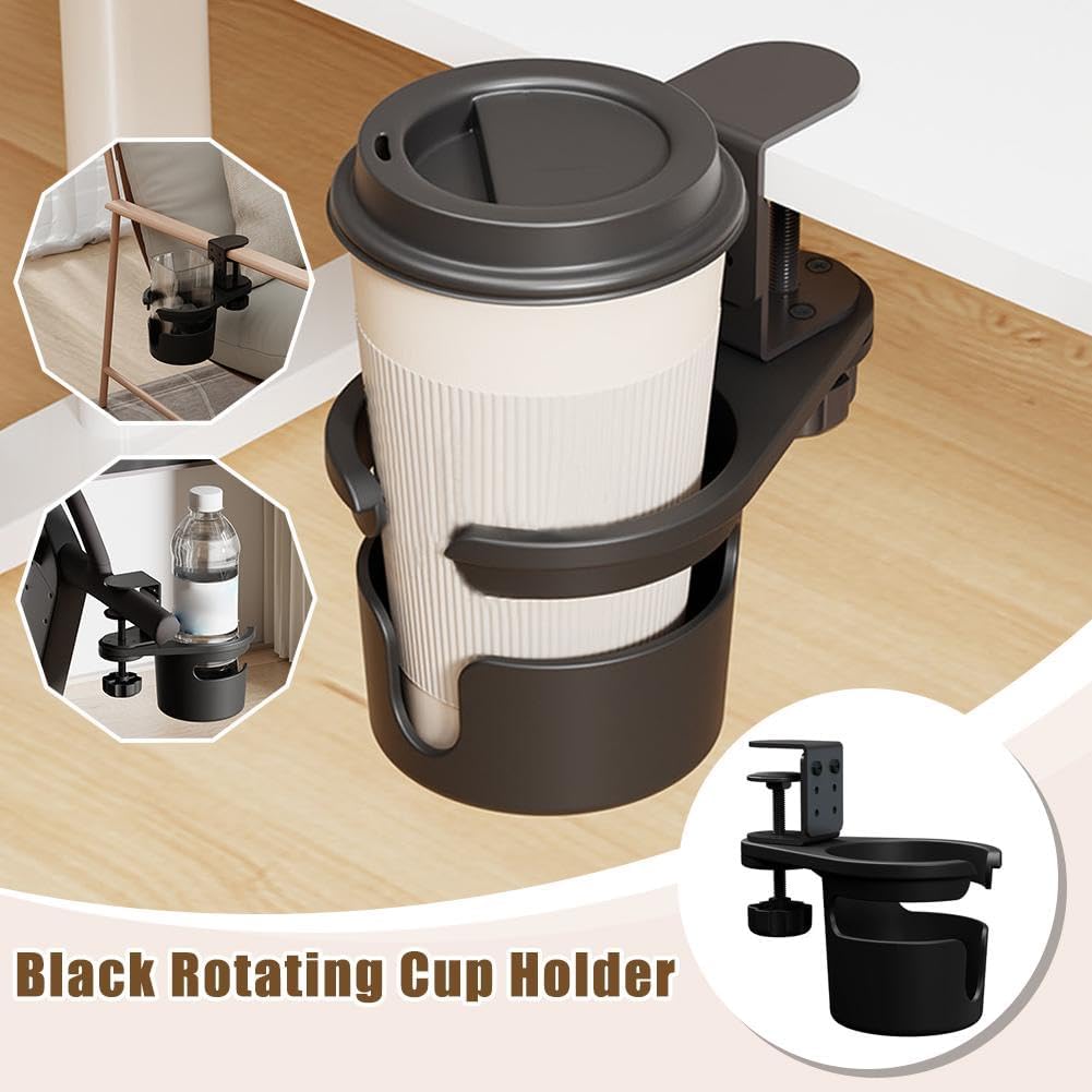 Desk Cup Holder, Anti-Spill Cup Holder for Desk, 180° Rotating Under Table Cup Holder, Desk Side Drinking Cup Holder, Coffee Mug Storage for Home Office Desk Gaming Desk Accessories (Black) - Image 2