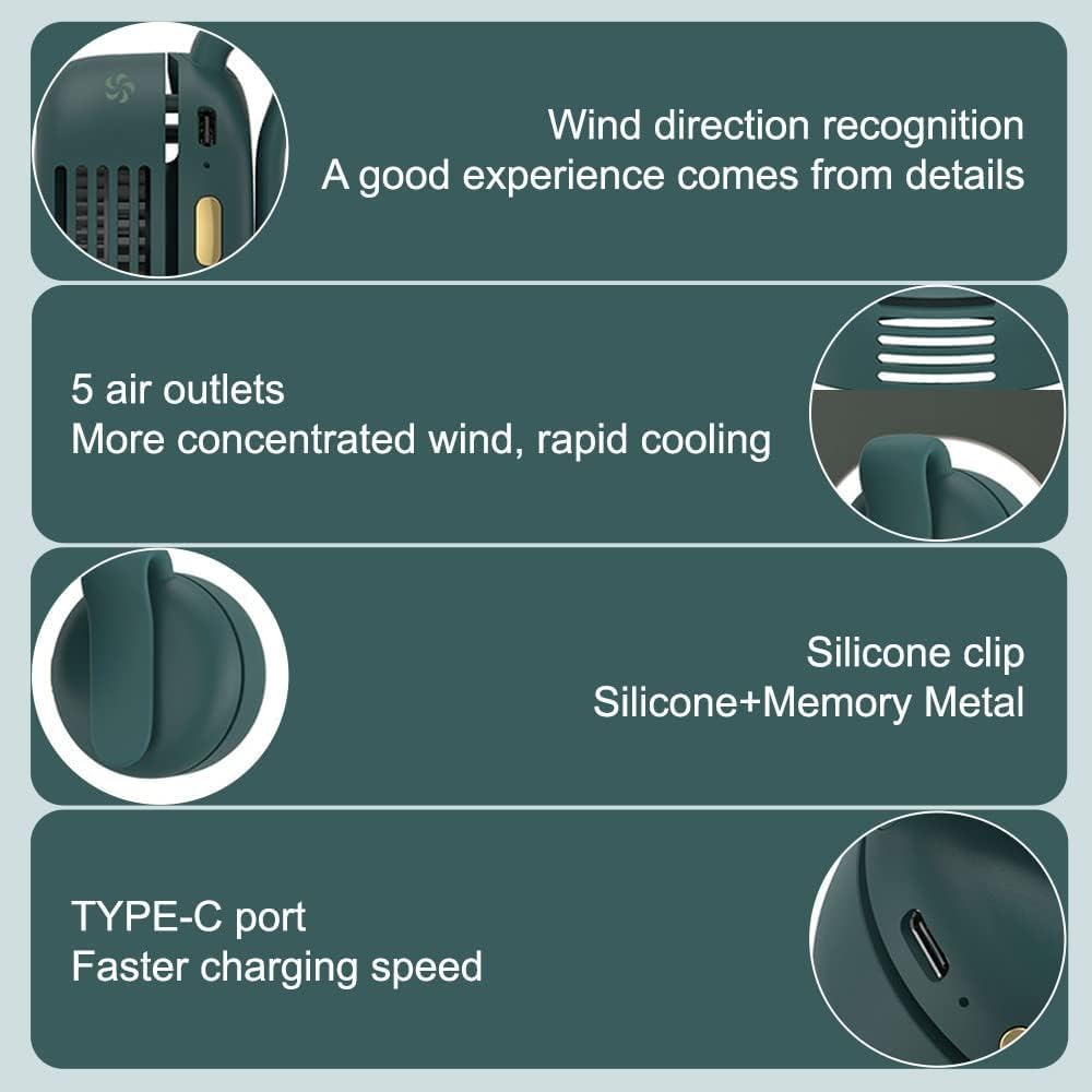 Portable Silent Mini Bladeless Fan Clip On, Portable silent mini bladeless electric fan, 3 Speeds Hands-Free Neck Fans Hanging Waist Clip Bladeless Fans for Girlfriend Summer Gift (White+Green) - Image 4