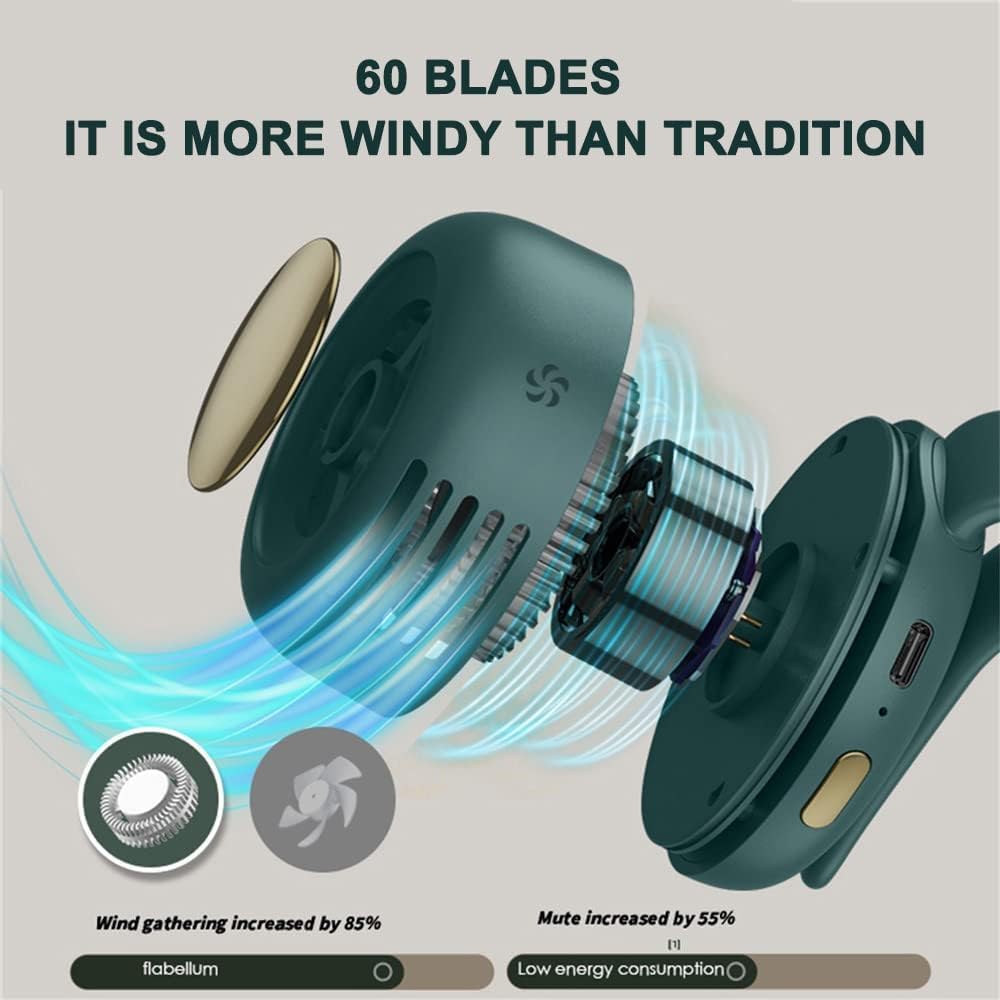 Portable Silent Mini Bladeless Fan Clip On, Portable silent mini bladeless electric fan, 3 Speeds Hands-Free Neck Fans Hanging Waist Clip Bladeless Fans for Girlfriend Summer Gift (White+Green) - Image 5