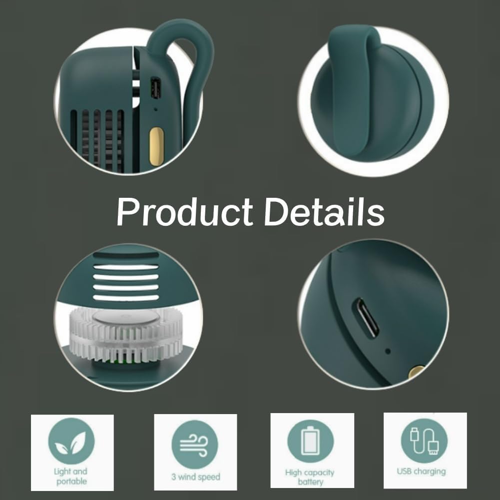 Portable Silent Mini Bladeless Fan Clip On, Portable silent mini bladeless electric fan, 3 Speeds Hands-Free Neck Fans Hanging Waist Clip Bladeless Fans for Girlfriend Summer Gift (White+Green) - Image 6