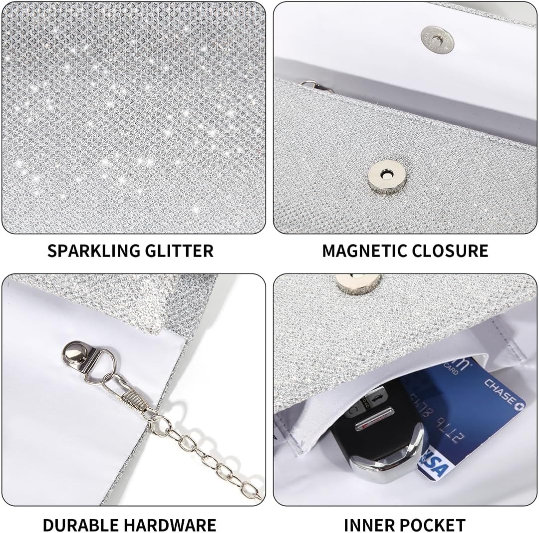 Evening Bag Clutch Purses for Women, Ladies Sparkling Party Handbag Wedding Bag, Silver - Image 3