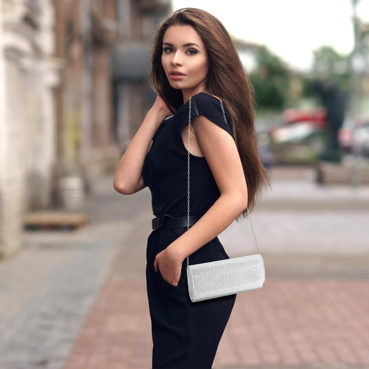 Evening Bag Clutch Purses for Women, Ladies Sparkling Party Handbag Wedding Bag, Silver - Image 5