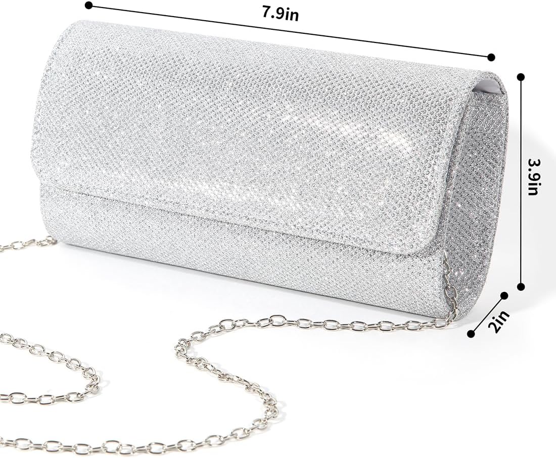 Evening Bag Clutch Purses for Women, Ladies Sparkling Party Handbag Wedding Bag, Silver - Image 6