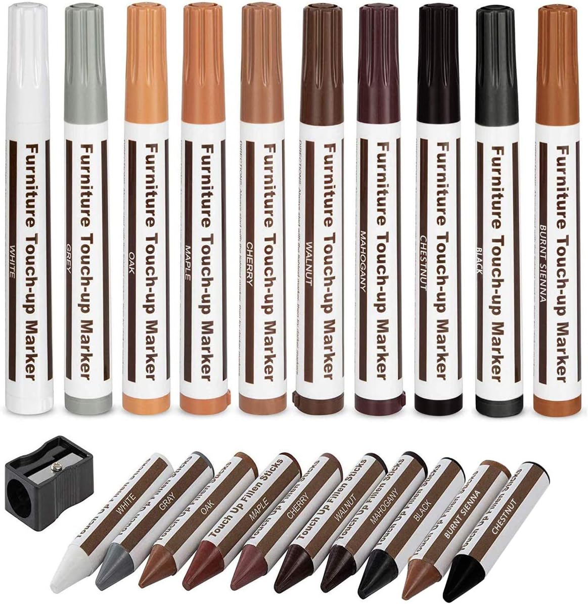 Furniture Wood Repair Markers Kit,Touch Up Markers and Wax Sticks with Sharpener,for Stains, Scratches, Floors, Tables, Desks, Carpenters, Bedposts, Touch-Ups, Cover-Ups, Molding Repair - Set of 21 - Image 1
