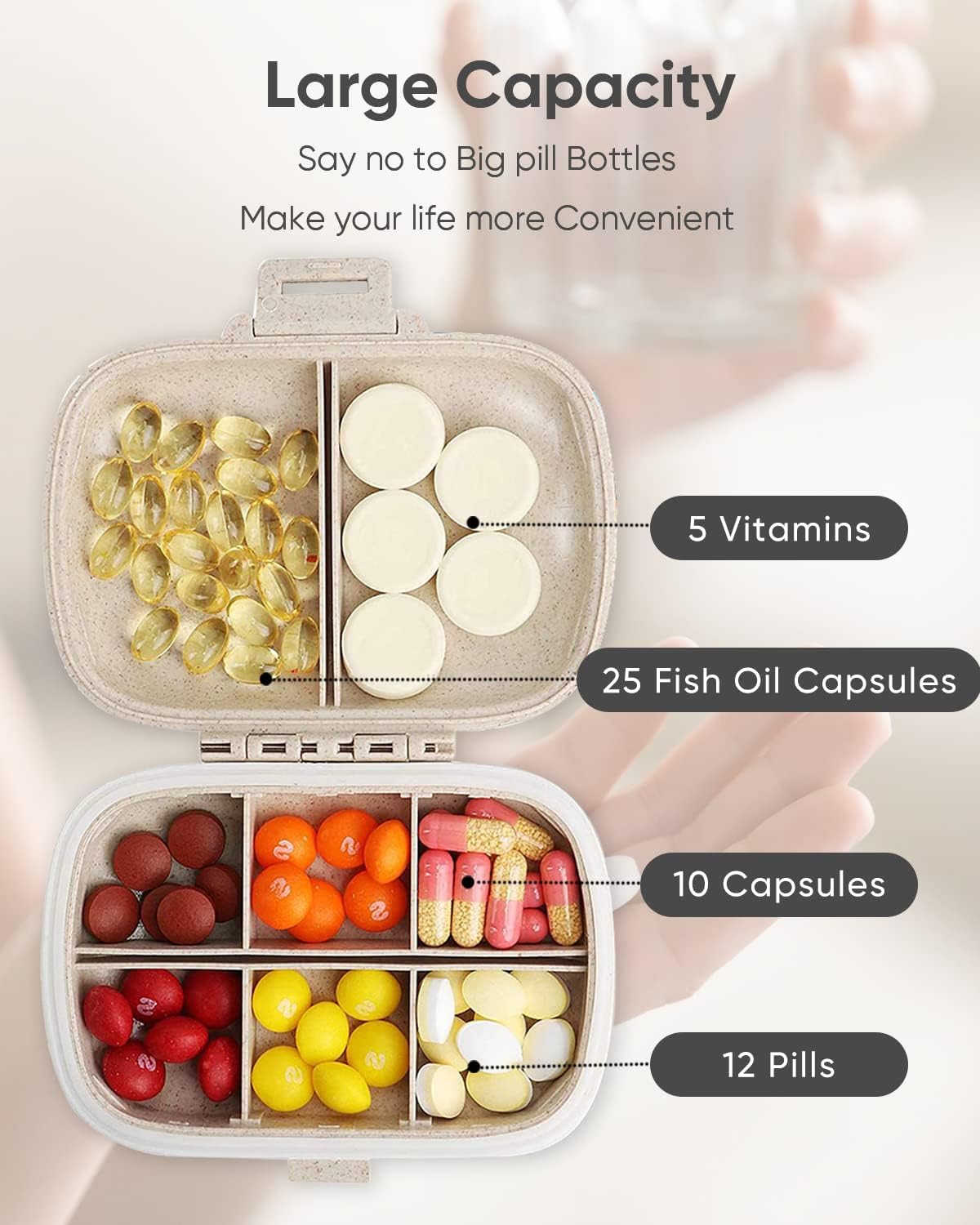 Travel Pill Organizer, 8 Compartments Portable Pill Case, Daily Pill Box to Hold Vitamins, Small Pill Container for Pocket Purse Medicine Organizer（Khaki） - Image 6