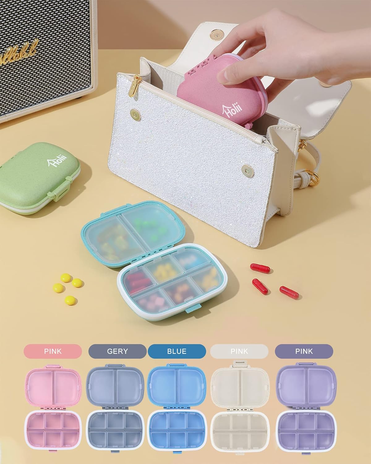 Travel Pill Organizer, 8 Compartments Portable Pill Case, Daily Pill Box to Hold Vitamins, Small Pill Container for Pocket Purse Medicine Organizer（Khaki） - Image 8