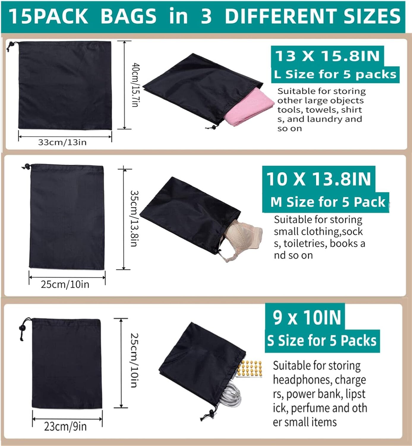 Drawstring Bag String Bag - 15Packs 3Sizes Nylon Cinch Ditty Stuff Pouch with Toggle for Gym, Luggage, Storage, Shoes, Travel - Image 2