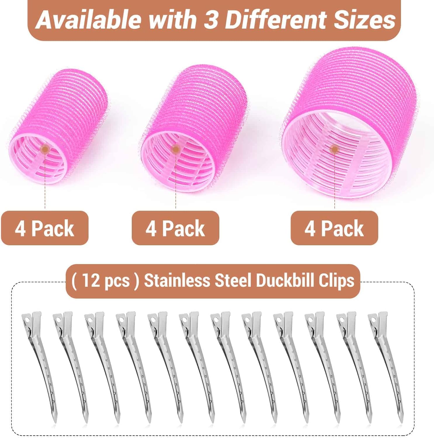 Self Grip Hair Rollers Curlers Set - 24 Pieces with 3 Sizes (4 Jumbo, 4 Large, 4 Medium) and 12 Clips for Volume on Long, Short, Thick, or Fine Hair - Image 2