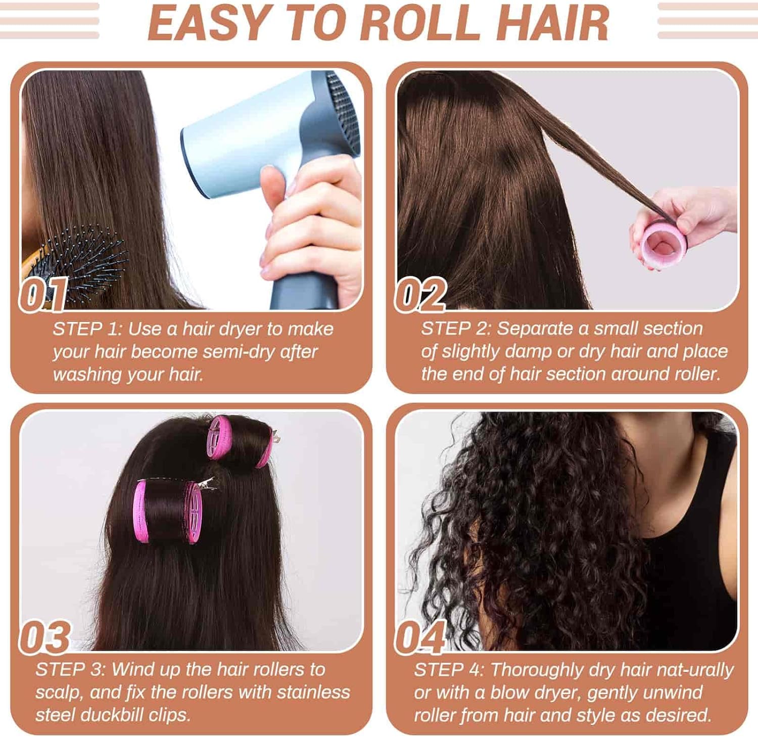 Self Grip Hair Rollers Curlers Set - 24 Pieces with 3 Sizes (4 Jumbo, 4 Large, 4 Medium) and 12 Clips for Volume on Long, Short, Thick, or Fine Hair - Image 6