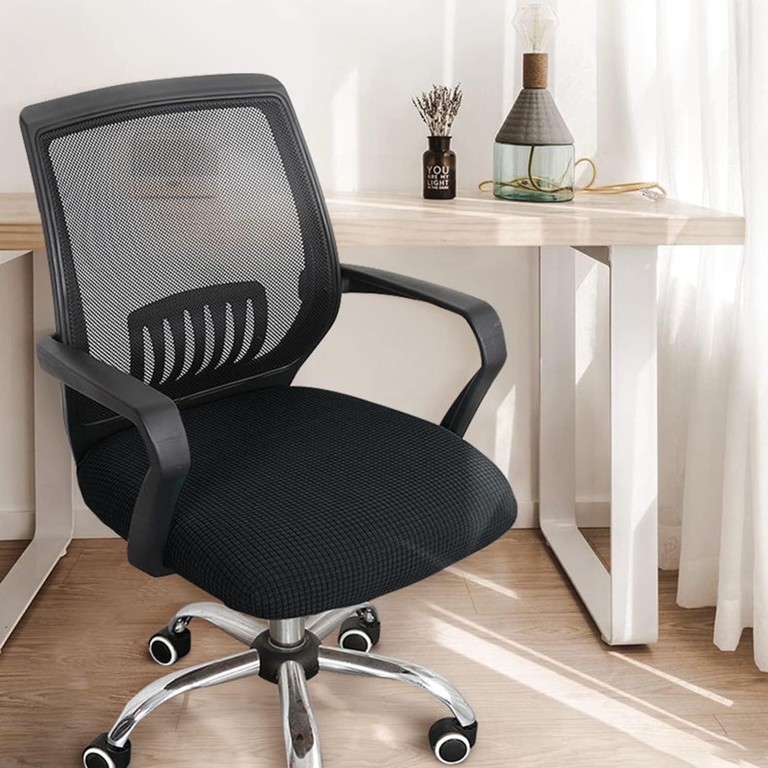 Office Chair Covers, Elastic Stretch Computer Chair Seat Slipcovers Super Fit Anti-dust Desk Seat Cover Spandex Removable Washable Kitchen Chair Protective Cover (Black) - Image 2