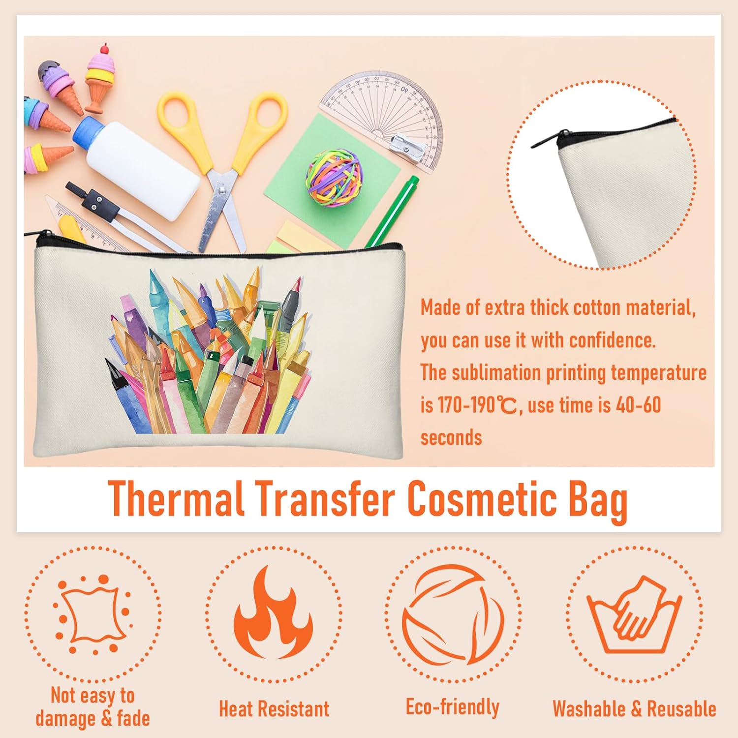Blank DIY Craft Case Blank Makeup Bags- Canvas Pencil Pouch Bulk Cosmetic Bag Multi-Purpose Travel Toiletry Zipper Bags (8.3 × 5 Inch) - Image 3