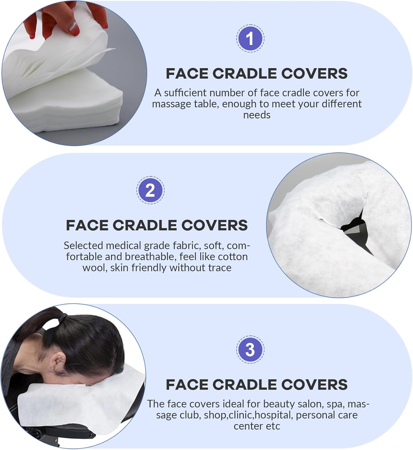 100PCS Upgrade Disposable Face Cradle Covers, Medical-Grade, Ultra Soft, Luxurious, Non-Sticking Massage Face Covers, Large Disposable Headrest Covers for Massage Tables and Massage Chairs - Image 3