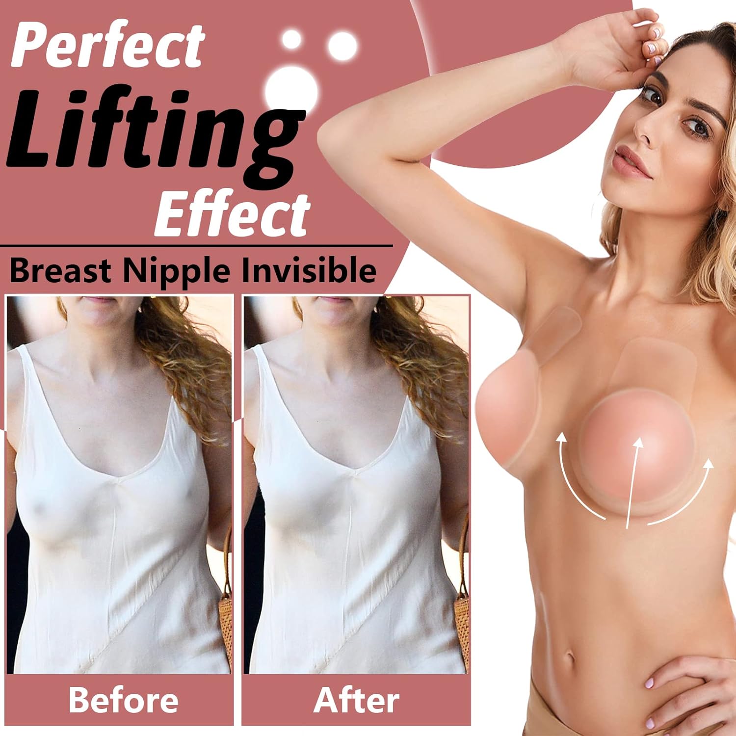 Breast Lift Pasties Nipple Cover: 5.1inch Silicone Sticky Bra for Women Reusable Strapless Boob Petals, Pink, Large - Image 2