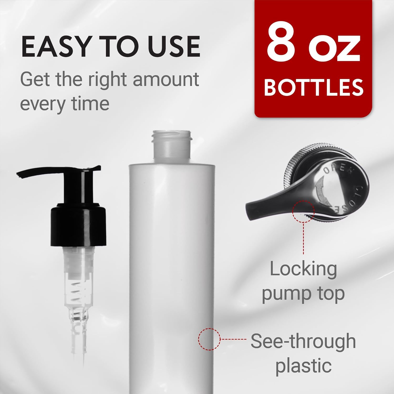 6 Pack 8 Oz Plastic Pump Dispenser Bottles for Lotion, Massage Oil, Shampoo and More - Refillable, BPA Free Clear/Frosted Empty 8oz Containers - Fit Into Holsters, Bulk - Image 3