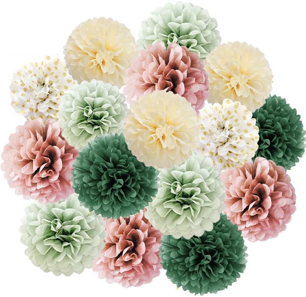 Sage Green Tissue Paper Pompom Decorations 16pcs Sage Green and Dusty Rose Flowers Olive Sage Green Party Decorations for Dusty Rose Bridal Shower Baby Shower Bachelorette Wedding Birthday Engagement - Image 1