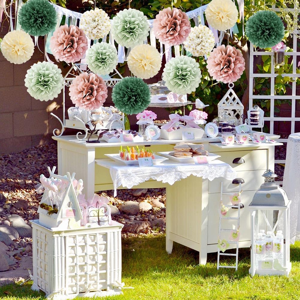 Sage Green Tissue Paper Pompom Decorations 16pcs Sage Green and Dusty Rose Flowers Olive Sage Green Party Decorations for Dusty Rose Bridal Shower Baby Shower Bachelorette Wedding Birthday Engagement - Image 3