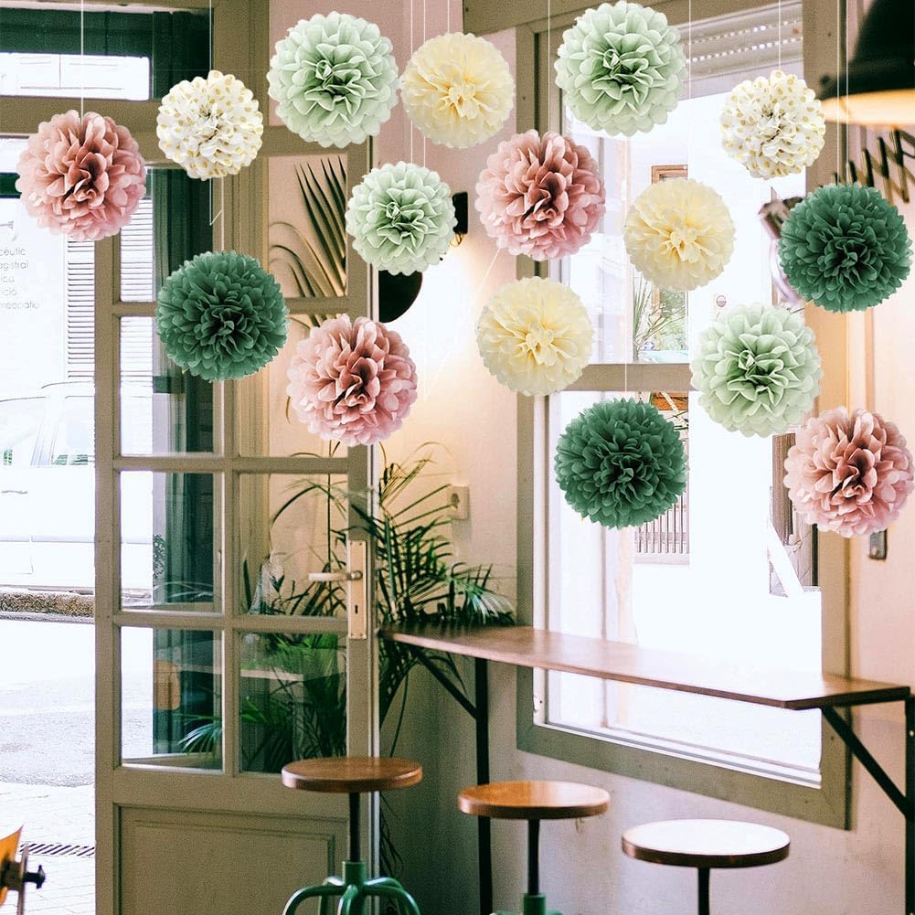 Sage Green Tissue Paper Pompom Decorations 16pcs Sage Green and Dusty Rose Flowers Olive Sage Green Party Decorations for Dusty Rose Bridal Shower Baby Shower Bachelorette Wedding Birthday Engagement - Image 4