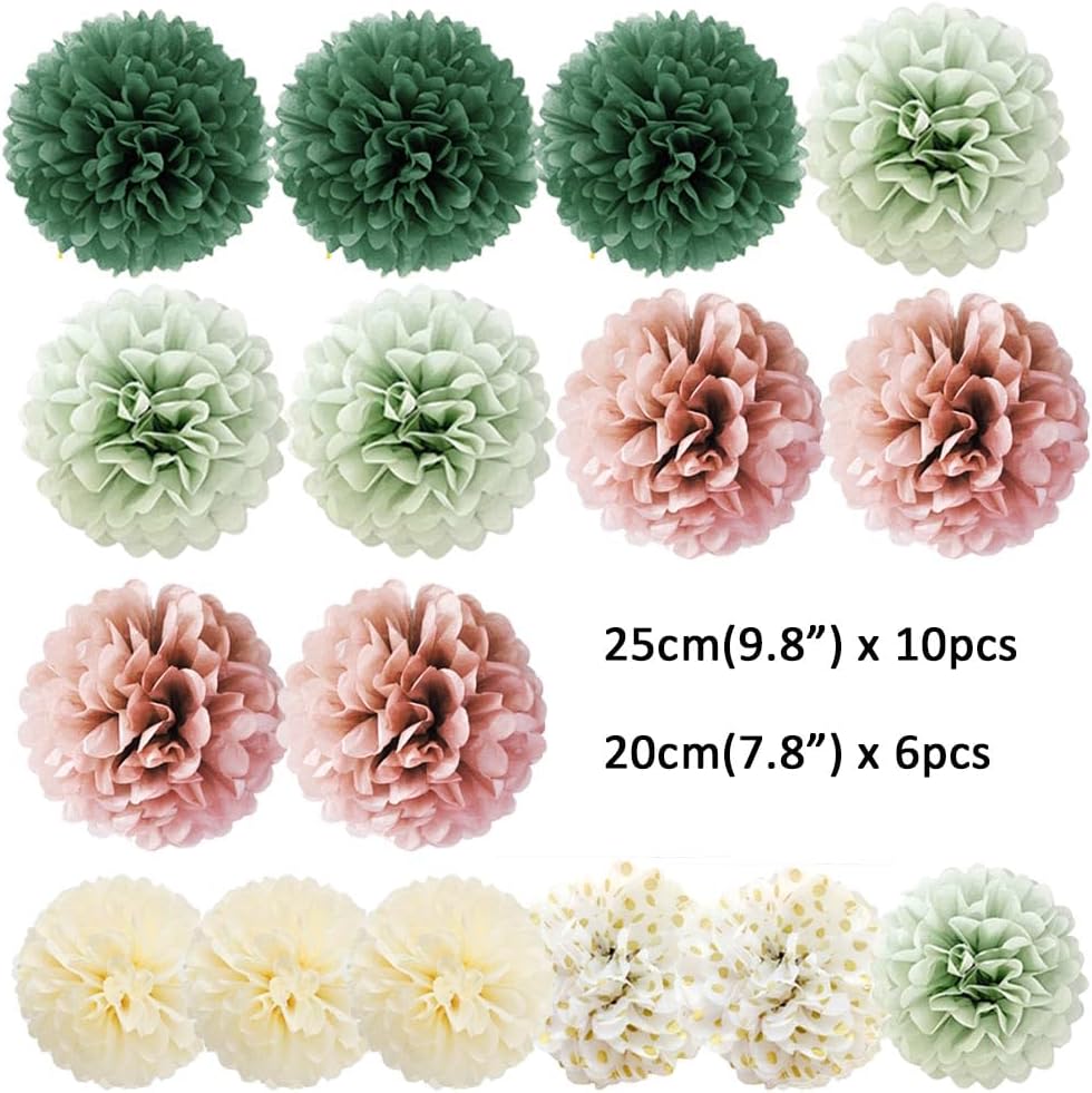 Sage Green Tissue Paper Pompom Decorations 16pcs Sage Green and Dusty Rose Flowers Olive Sage Green Party Decorations for Dusty Rose Bridal Shower Baby Shower Bachelorette Wedding Birthday Engagement - Image 7