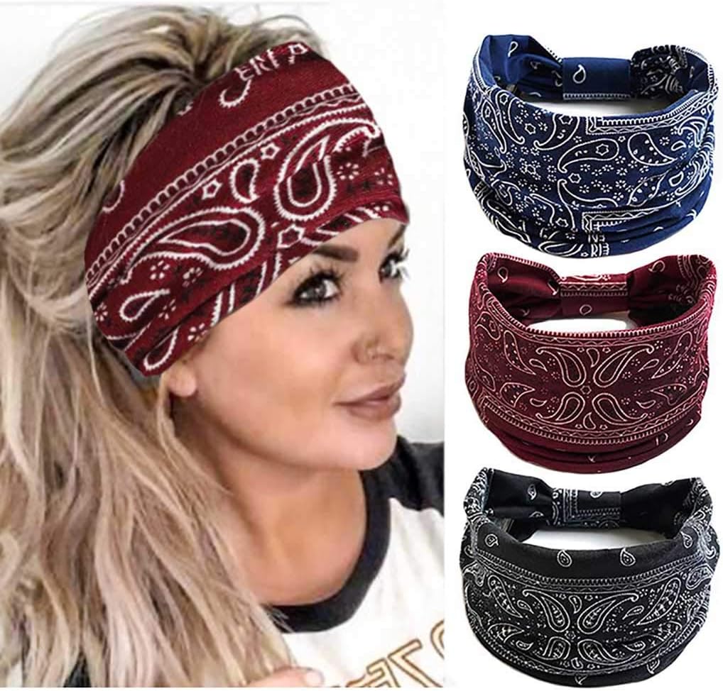 Boho Bandeau Headbands Wide Knot Hair Scarf Floral Printed Hair Band Elastic Turban Thick Head Wrap Stretch Fabric Cotton Head Bands Thick Fashion Hair Accessories for Women 3 Pcs (Elegant) - Image 1